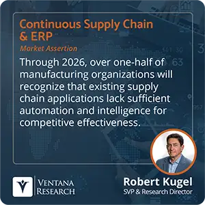 Through 2026, over one-half of manufacturing organizations will recognize that existing supply chain applications lack sufficient automation and intelligence for competitive effectiveness.