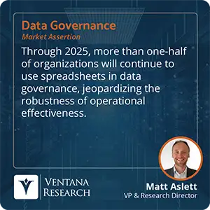Through 2025, more than one-half of organizations will continue to use spreadsheets in data governance, jeopardizing the robustness of operational effectiveness.  