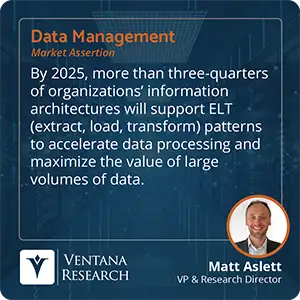 By 2025, more than three-quarters of organizations’ information architectures will support ELT (extract, load, transform) patterns to accelerate data processing and maximize the value of large volumes of data. 