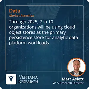 Through 2025, 7 in 10 organizations will be using cloud object stores as the primary persistence store for analytic data platform workloads. 