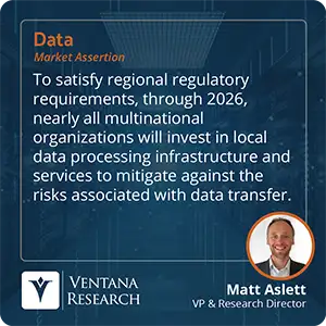 To satisfy regional regulatory requirements, through 2026, nearly all multinational organizations will invest in local data processing infrastructure and services to mitigate against the risks associated with data transfer. 