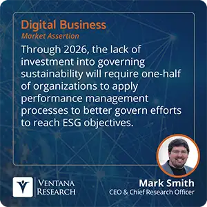 Through 2026, the lack of investment into governing sustainability will require one-half of organizations to apply performance management processes to better govern efforts to reach ESG objectives. 