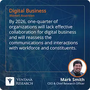 By 2026, one-quarter of organizations will lack effective collaboration for digital business and will reassess the communications and interactions with workforce and constituents. 