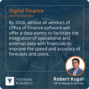 By 2026, almost all vendors of Office of Finance software will offer a data pantry to facilitate the integration of operational and external data with financials to improve the speed and accuracy of forecasts and plans. 