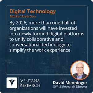 By 2026, more than one-half of organizations will have invested into newly formed digital platforms to unify collaborative and conversational technology to simplify the work experience. 