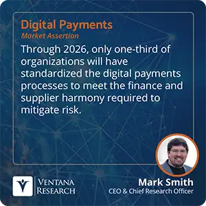 Through 2026, only one-third of organizations will have standardized the digital payments processes to meet the finance and supplier harmony required to mitigate risk. 