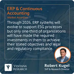 Through 2026, ERP systems will evolve to support ESG processes but only one-third of organizations will have made the required investments in them to achieve their stated objectives and legal and regulatory compliance. 