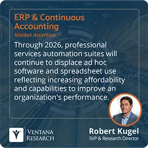 Through 2026, professional services automation suites will continue to displace ad hoc software and spreadsheet use reflecting increasing affordability and capabilities to improve an organization's performance.