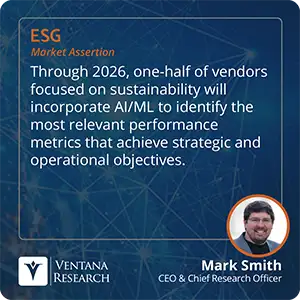 Through 2026, one-half of vendors focused on sustainability will incorporate AI/ML to identify the most relevant performance metrics that achieve strategic and operational objectives.