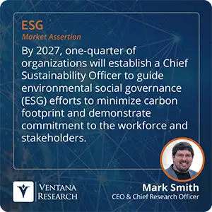 By 2027, one-quarter of organizations will establish a Chief Sustainability Officer to guide environmental social governance (ESG) efforts to minimize carbon footprint and demonstrate commitment to the workforce and stakeholders.