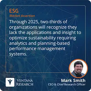 Through 2025, two-thirds of organizations will recognize they lack the applications and insight to optimize sustainability requiring analytics and planning-based performance management systems. 