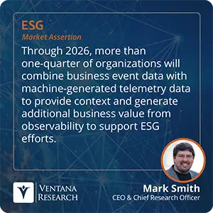 Through 2026, more than one-quarter of organizations will combine business event data with machine-generated telemetry data to provide context and generate additional business value from observability to support ESG efforts.