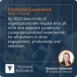 By 2025, two-thirds of organizations will require AI in all HCM and adjacent systems to curate personalized experiences for all workers to drive engagement, productivity and retention. 