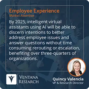 By 2025, intelligent virtual assistants using AI will be able to discern intentions to better address employee issues and answer questions without time consuming rerouting or escalation, benefiting over three-quarters of organizations. 