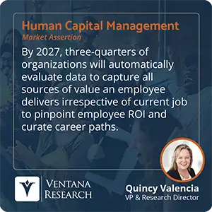 By 2027, three-quarters of organizations will automatically evaluate data to capture all sources of value an employee delivers irrespective of current job to pinpoint employee ROI and curate career paths.