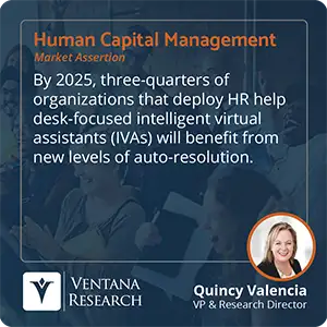 By 2025, three-quarters of organizations that deploy HR help desk-focused intelligent virtual assistants (IVAs) will benefit from new levels of auto-resolution. 