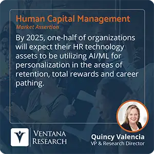 By 2025, one-half of organizations will expect their HR technology assets to be utilizing AI/ML for personalization in the areas of retention, total rewards and career pathing.