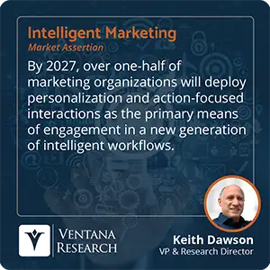 By 2027, over one-half of marketing organizations will deploy personalization and action-focused interactions as the primary means of engagement in a new generation of intelligent workflows. 