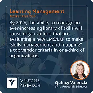 By 2025, the ability to manage an ever-increasing library of skills will cause organizations that are evaluating a new LMS/LXP to make “skills management and mapping” a top vendor criteria in one-third of organizations. 