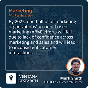 By 2025, one-half of all marketing organizations’ account-based marketing (ABM) efforts will fail due to lack of confidence across marketing and sales and will lead to inconsistent cutomer interactions.