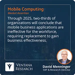 Through 2025, two-thirds of organizations will conclude that mobile business applications are ineffective for the workforce, requiring replacement to gain business effectiveness. 