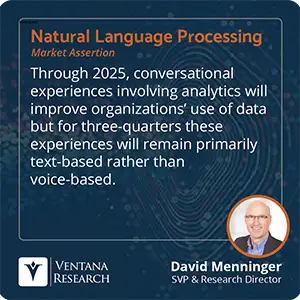 Through 2025, conversational experiences involving analytics will improve organizations’ use of data but for three-quarters these experiences will remain primarily text-based rather than voice-based. 