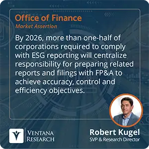 By 2026 more than one-half of corporations required to comply with ESG reporting will centralize responsibility for preparing related reports and filings with FP&A to achieve accuracy, control and efficiency objectives. 
