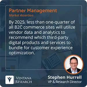 By 2025, less than one-quarter of all B2C commerce sites will utilize vendor data and analytics to recommend which third-party digital products and services to bundle for customer experience optimization. 