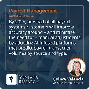 By 2025, one-half of all payroll systems customers will improve accuracy around – and minimize the need for – manual adjustments by adopting AI-infused platforms that predict payroll transaction volumes by source and type.