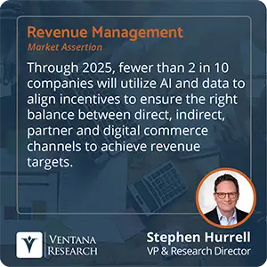 Through 2025, fewer than 2 in 10 companies will utilize AI and data to align incentives to ensure the right balance between direct, indirect, partner and digital commerce channels to achieve revenue targets.