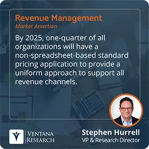 By 2025, one-quarter of all organizations will have a non-spreadsheet-based standard pricing application to provide a uniform approach to support all revenue channels. 