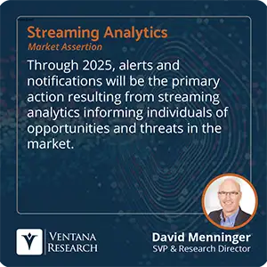 Through 2025, alerts and notifications will be the primary action resulting from streaming analytics informing individuals of opportunities and threats in the market.