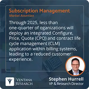 Through 2025, less than one-quarter of oganizations will deploy an integrated Configure, Price, Quote (CPQ) and contract life cycle management (CLM) application within billing systems, leading to a reduced customer experience.