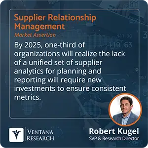 By 2025, one-third of organizations will realize the lack of a unified set of supplier analytics for planning and reporting will require new investments to ensure consistent metrics.