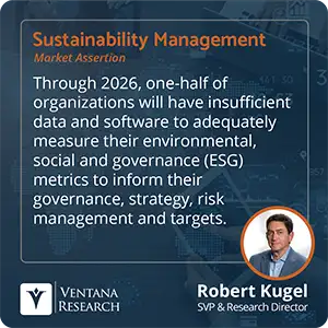 Through 2026, one-half of organizations will have insufficient data and software to adequately measure their environmental, social and governance (ESG) metrics to inform their governance, strategy, risk management and targets. 
