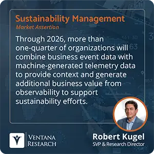 Through 2026, more than one-quarter of organizations will combine business event data with machine-generated telemetry data to provide context and generate additional business value from observability to support sustainability efforts.