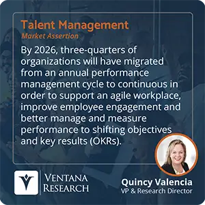 By 2026, three-quarters of organizations will have migrated from an annual performance management cycle to a continuous one in order to support an agile workplace, improve employee engagement and better manage and measure performance to shifting objectives and key results (OKRs).