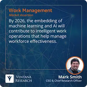 By 2026, the embedding of machine learning and AI will contribute to intelligent work operations that help manage workforce effectiveness.