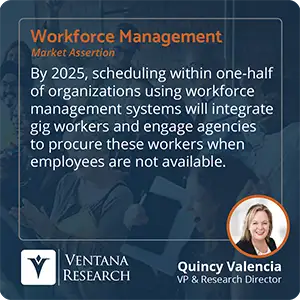 By 2025, scheduling within one-half of organizations using workforce management systems will integrate gig workers and engage agencies to procure these workers when employees are not available. 