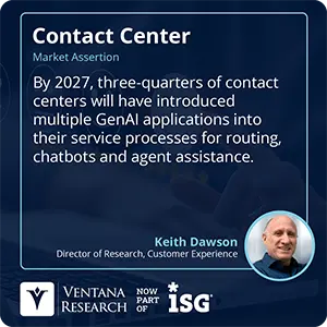 By 2027, three-quarters of contact centers will have introduced multiple GenAI applications into their service processes for routing, chatbots and agent assistance. 