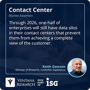 Through 2026, one-half of enterprises will still have data silos in their contact centers that prevent them from achieving a complete view of the customer.  