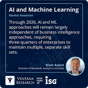 Through 2026, AI and ML approaches will remain largely independent of business intelligence approaches, requiring three-quarters of enterprises to maintain multiple, separate skill sets.