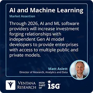 Through 2026, AI and ML software providers will increase investment forging relationships with independent Gen AI model developers to provide enterprises with access to multiple public and private models.