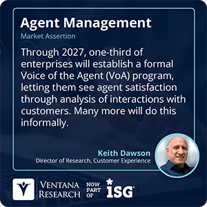 Through 2027, one-third of enterprises will establish a formal Voice of the Agent (VoA) program, letting them see agent satisfaction through analysis of interactions with customers. Many more will do this informally. 