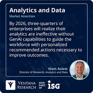 By 2026, three-quarters of enterprises will realize their analytics are ineffective without GenAI capabilities to guide the workforce with personalized recommended actions necessary to improve outcomes. 