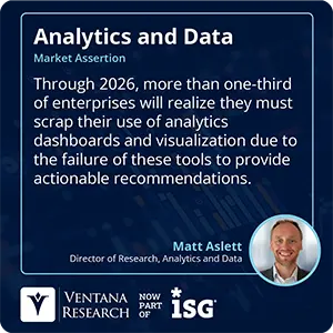 Through 2026, more than one-third of enterprises will realize they must scrap their use of analytics dashboards and visualization due to the failure of these tools to provide actionable recommendations. 