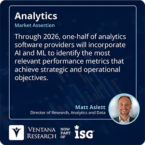 Through 2026, one-half of analytics software providers will incorporate AI and ML to identify the most relevant performance metrics that achieve strategic and operational objectives.
