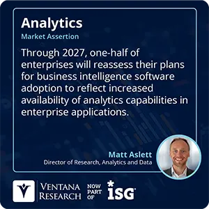 Through 2027, one-half of enterprises will reassess their plans for business intelligence software adoption to reflect increased availability of analytics capabilities in enterprise applications.