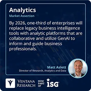 By 2026, one-third of enterprises will replace legacy business intelligence tools with analytic platforms that are collaborative and utilize GenAI to inform and guide business professionals. 