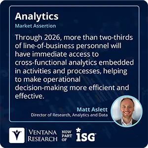 Through 2026, more than two-thirds of line-of-business personnel will have immediate access to cross-functional analytics embedded in activities and processes, helping to make operational decision-making more efficient and effective.